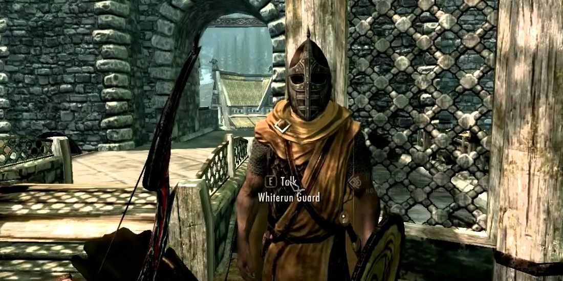 A Whiterun guard ready to talk in Skyrim. 