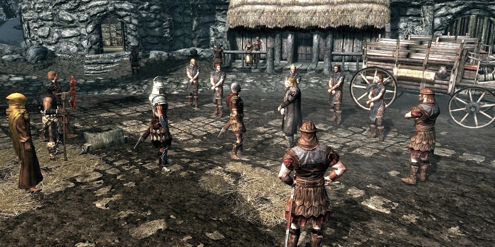 Skyrim: Imperials and Stormcloaks gathered in a small sqaure.