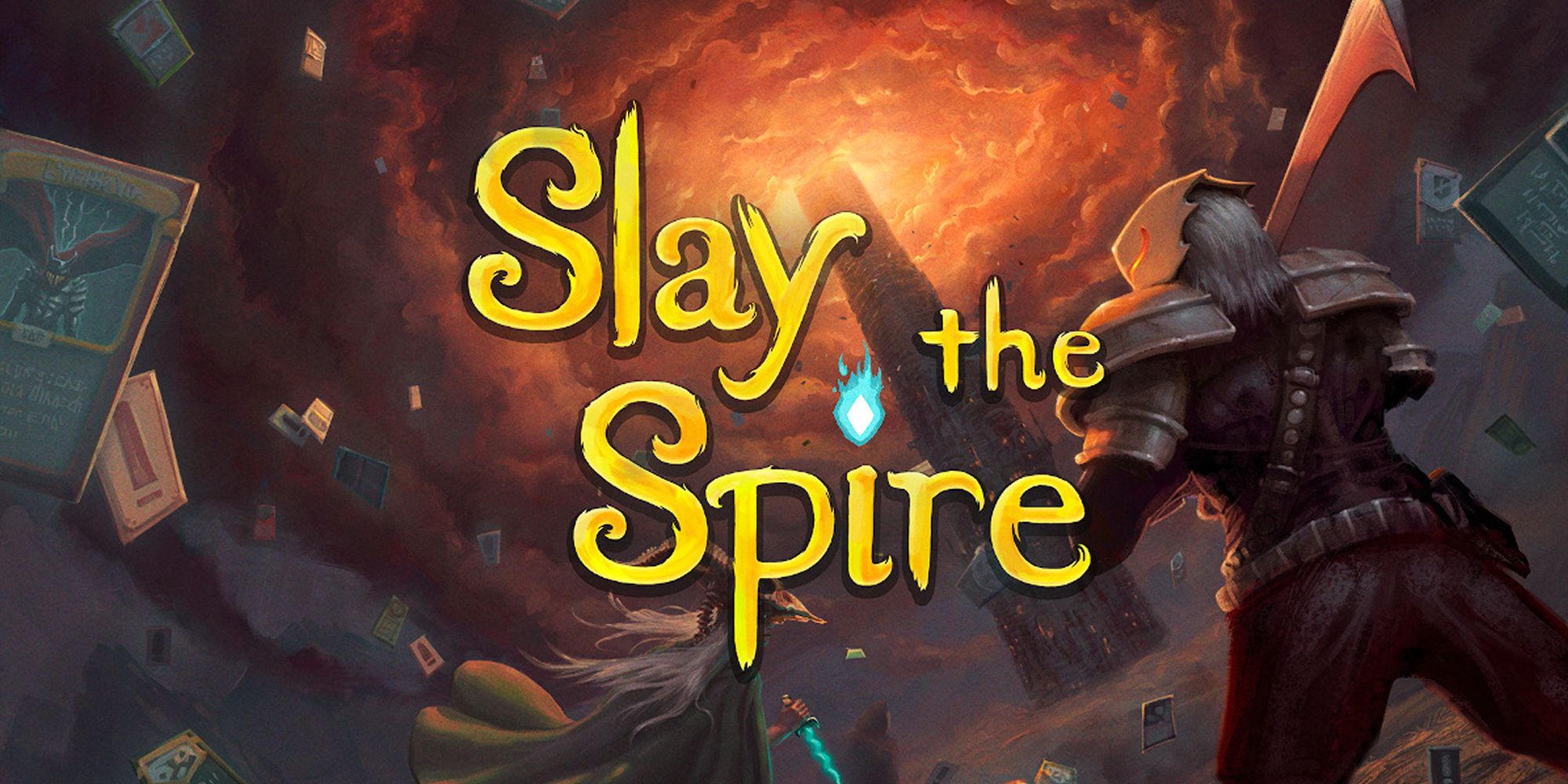 The title and cover art of Slay the Spire, featuing the Ironclad looking up at the cloud-veiled Spire as cards fly around.