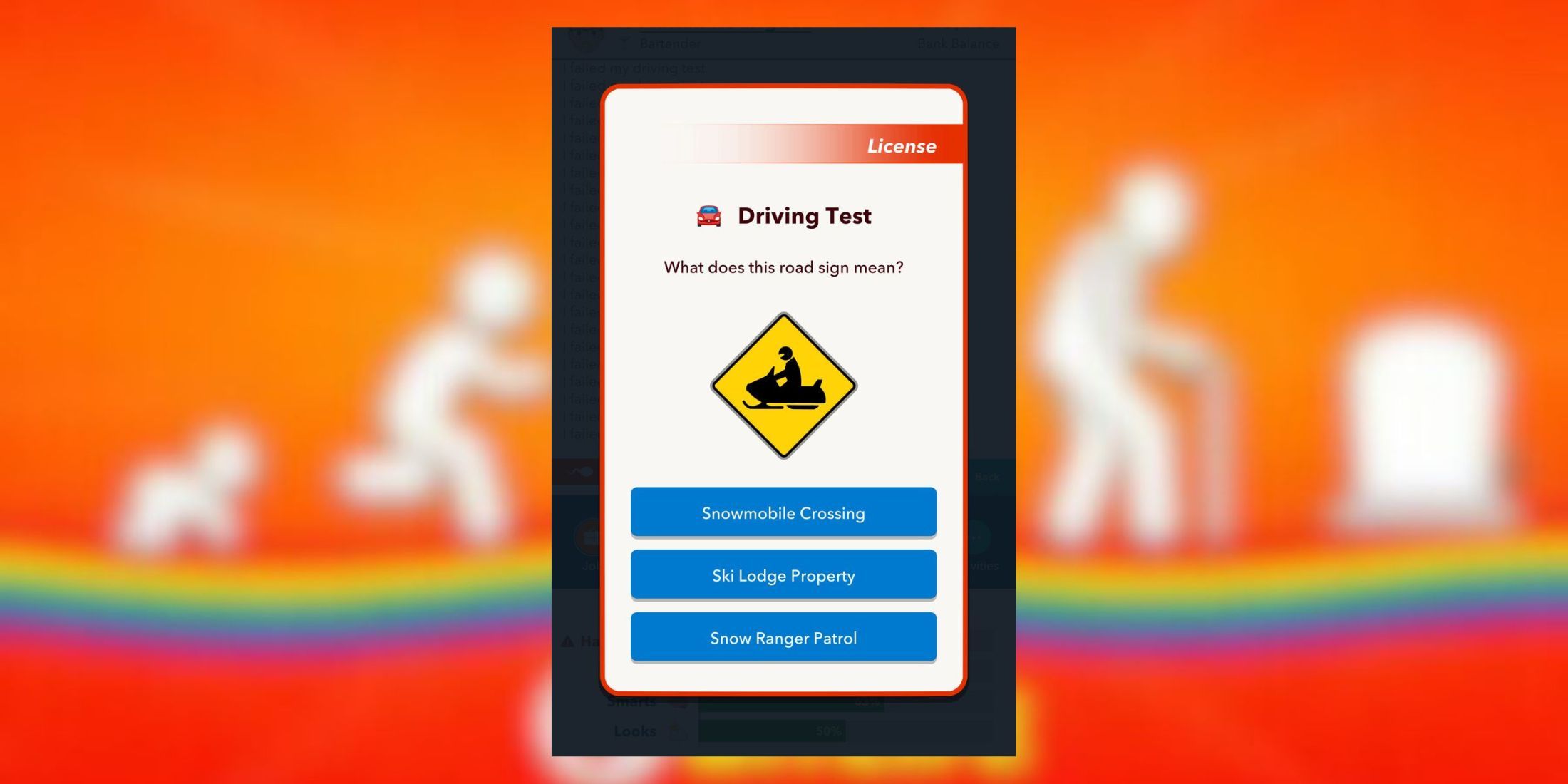 snowmobile crossing sign driving test bitlife