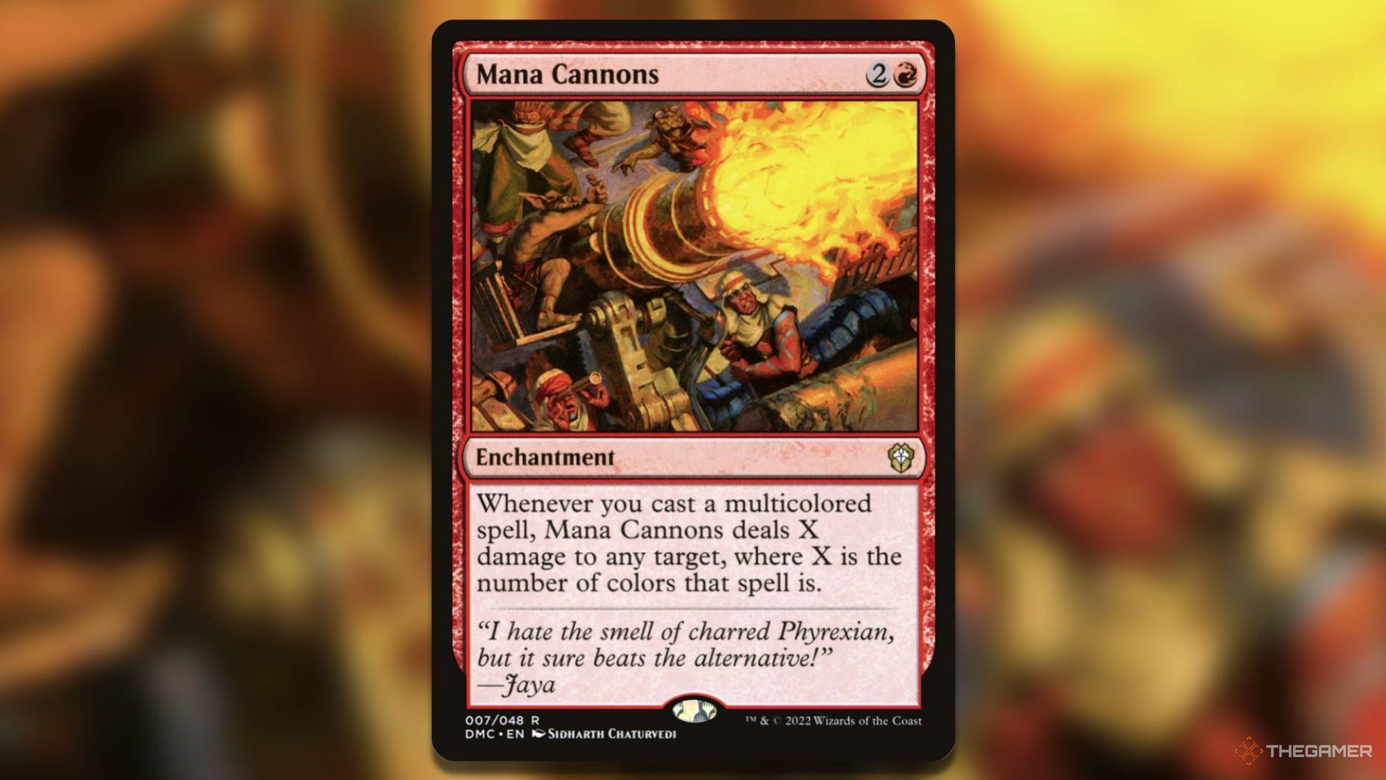 Soldiers watch a canon fire from a defensive structure in the MTG mana cannons card.