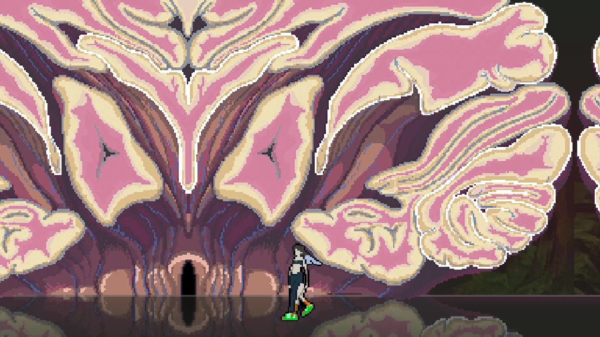 The protagonist standing next to a huge thing that looks like a brain.