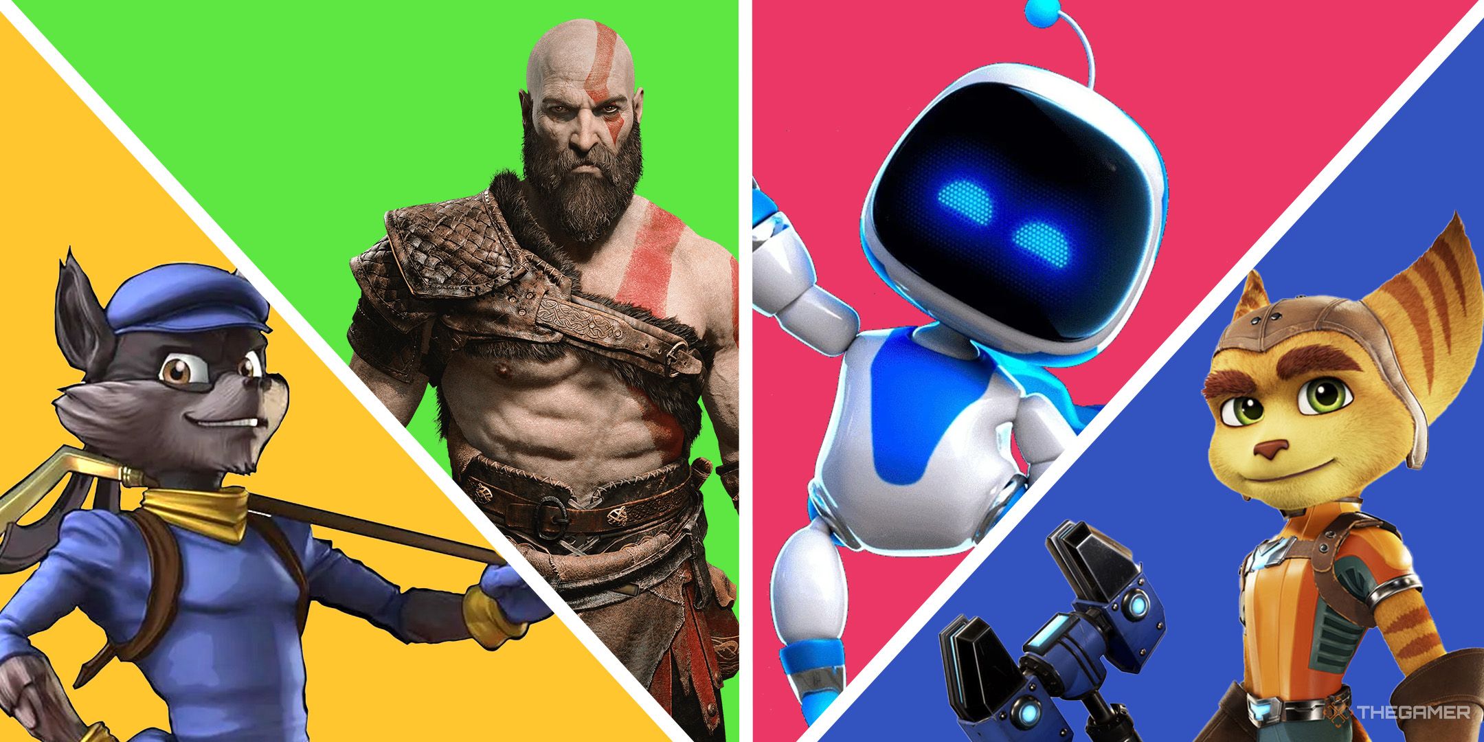 A split image of Sony IPs. From left to right: Sly Cooper, Kratos from God of War, Astro Bot, and Rachet from Rachet and Clank.