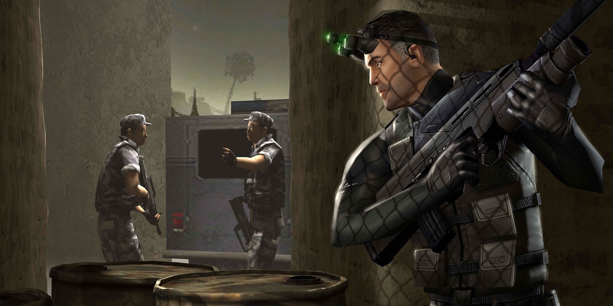 Splinter Cell key art showing Sam Fisher peaking around a corner where two guards are talking