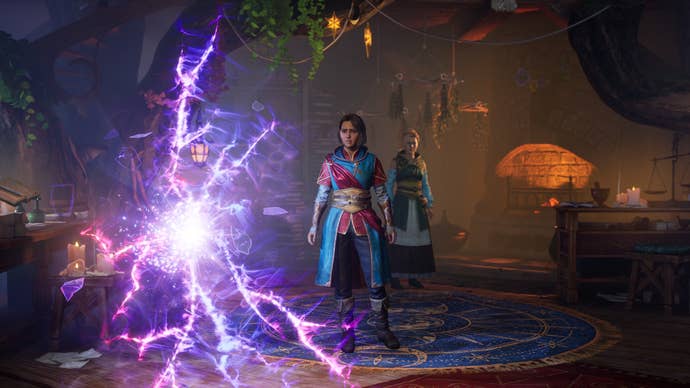 Main characters Mio and Zoe in a fantasy realm, near some purple lightning, in Split Fiction.