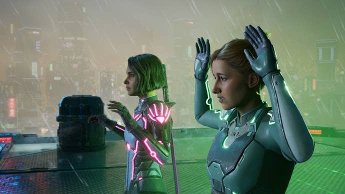 Main character's Mio and Zoe raise their hands in surrender, wearing bodysuits, in Split Fiction.