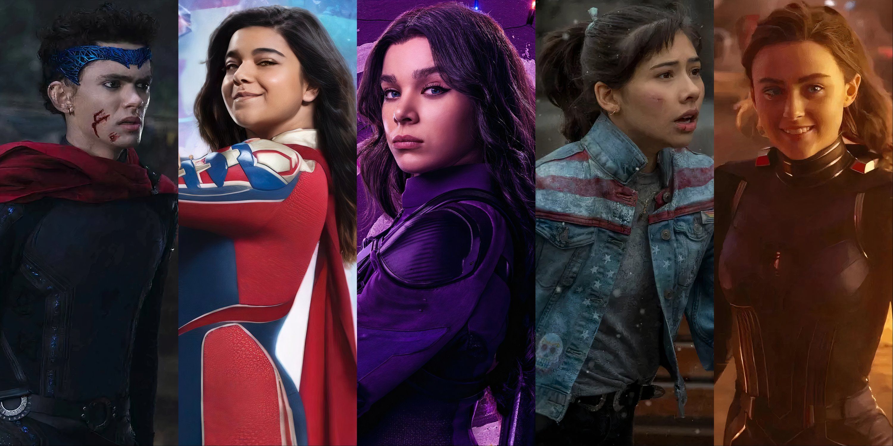 Split image of America Chavez, Stinger, Ms. Marvel, Hawkeye, and Wiccan from the Marvel Cinematic Universe