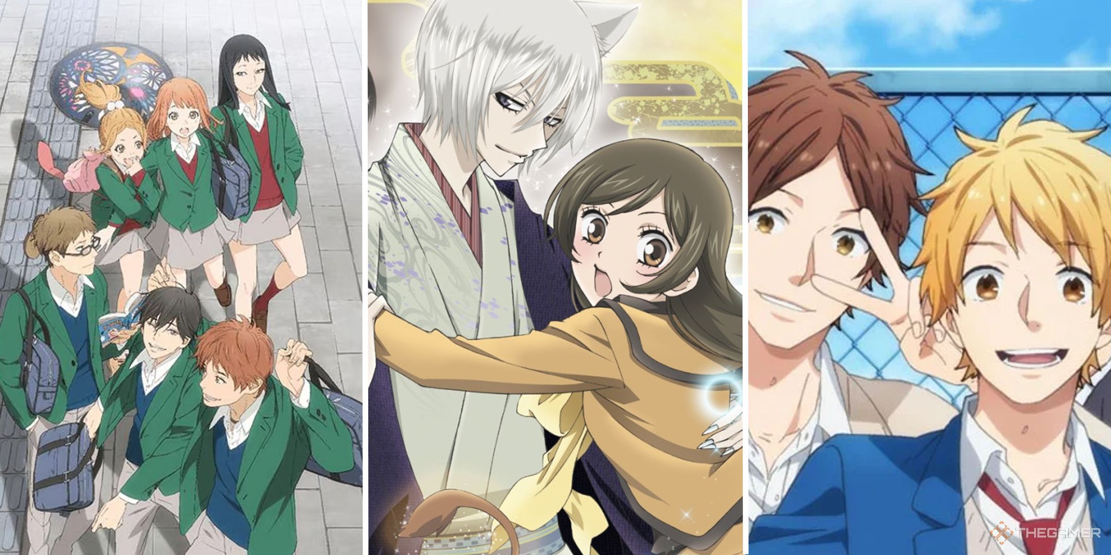 Split image showing art from Orange, Kamisama Kiss, and Rainbow Days.