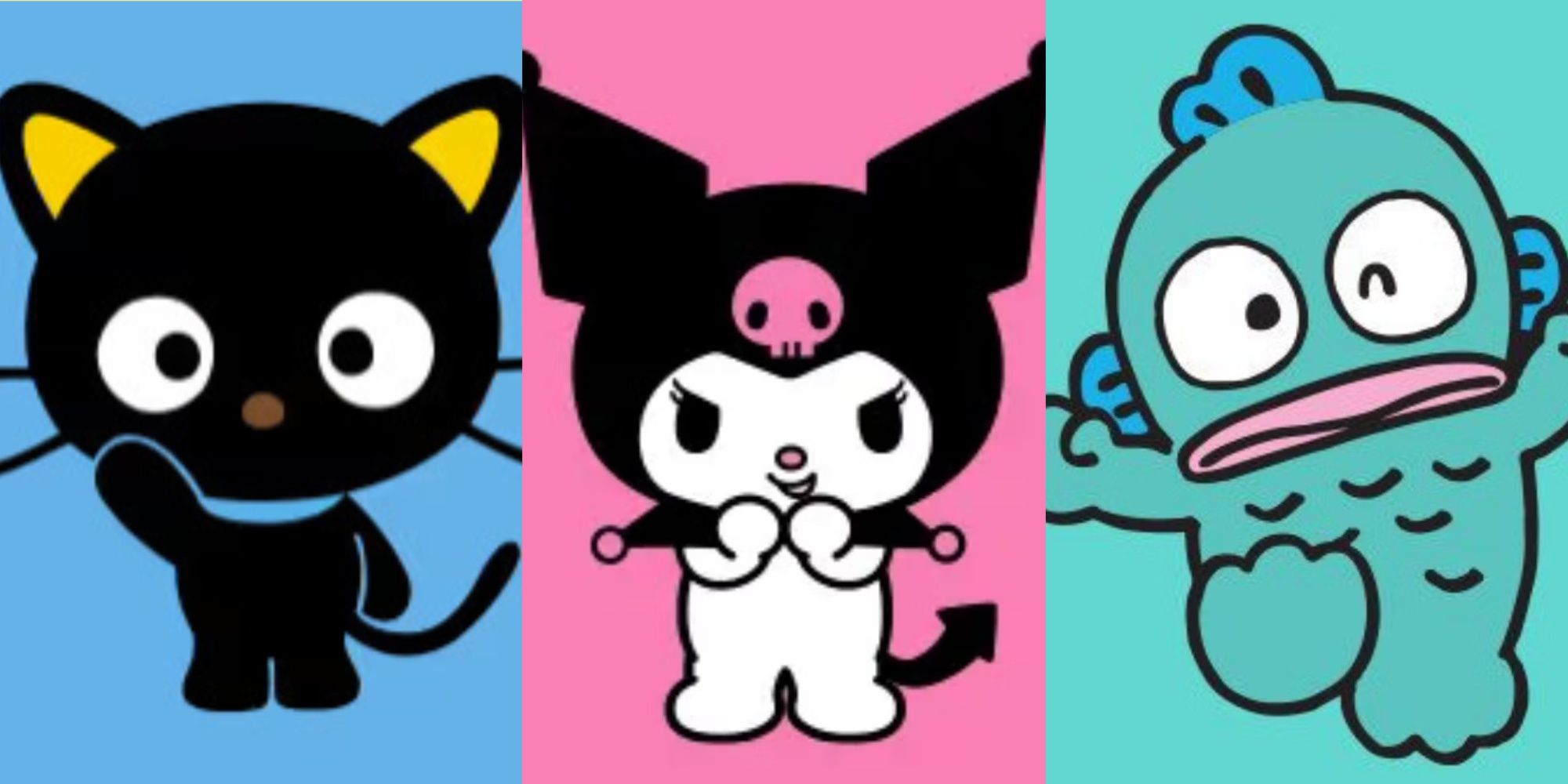 Split images of Chococat, Kuromi, and Hangyodon