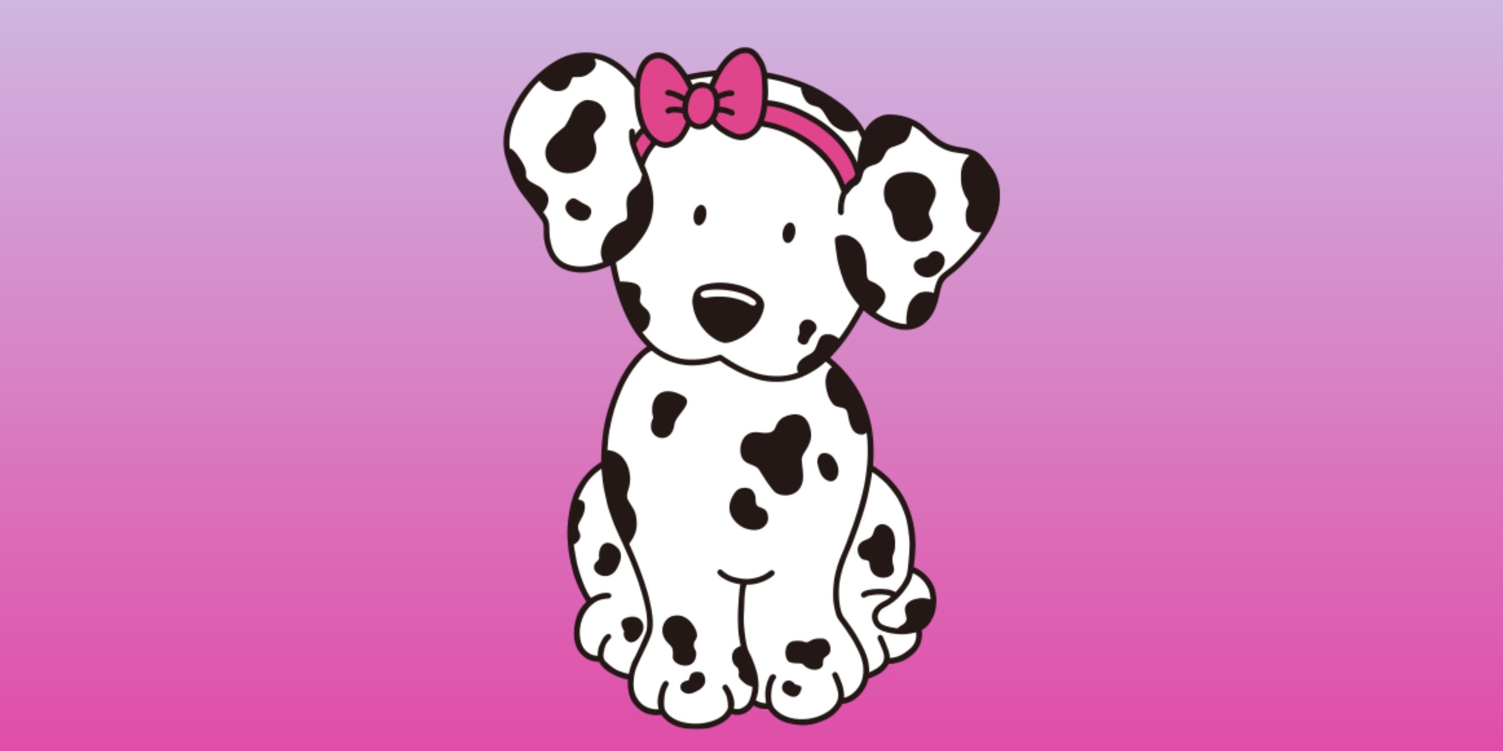 Spottie Dottie on a pink and purple gradient background.