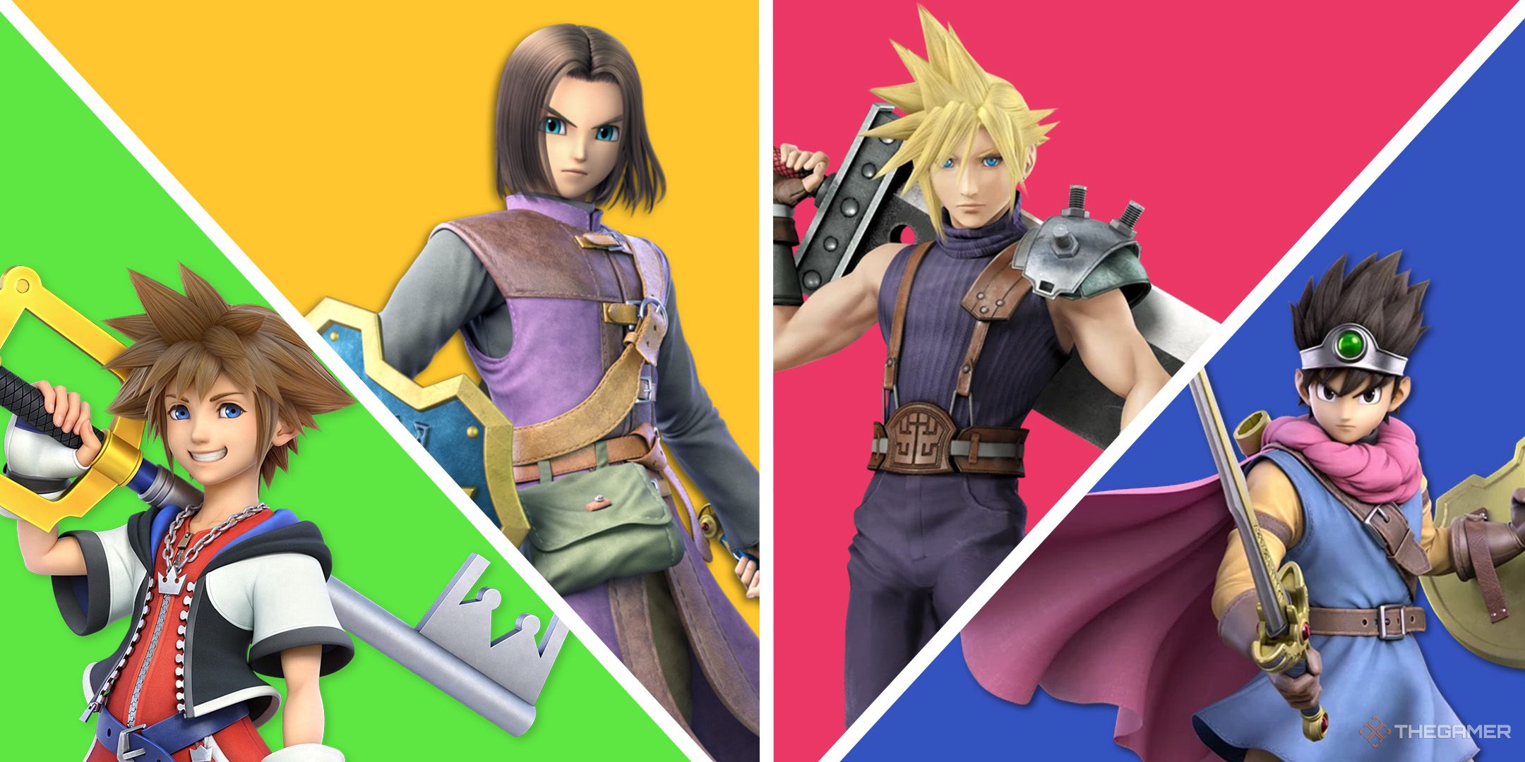 A split image of Square Enix IPs. From left to right: Sora from Kingdom Hearts, Hero from Dragon Quest 11, Cloud from Final Fantasy 7, and Hero from Dragon Quest 1.