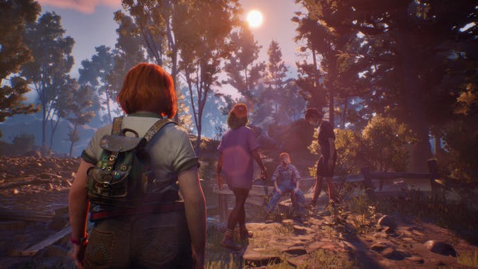 Lost Records: Bloom & Rage screenshot showing the gang walking through the forest.