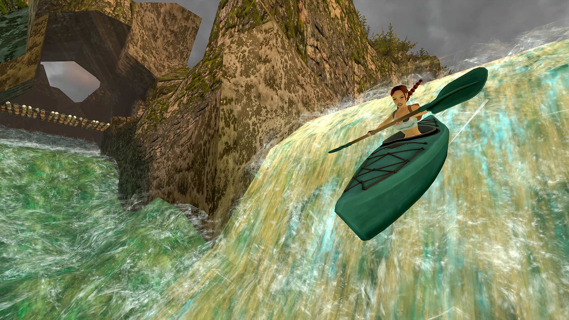 Tomb Raider Remastered - Lara yeeting herself off a waterfall.