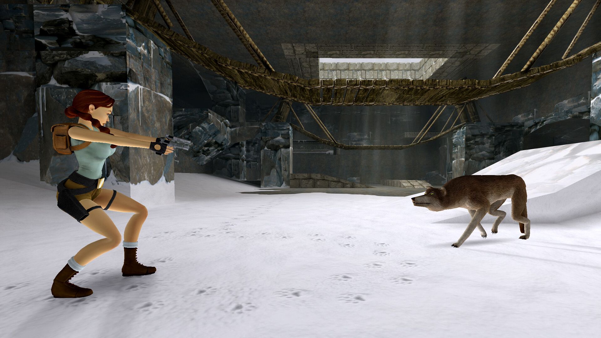 Tomb Raider Remastered - Lara Croft about to shoot a dog. 