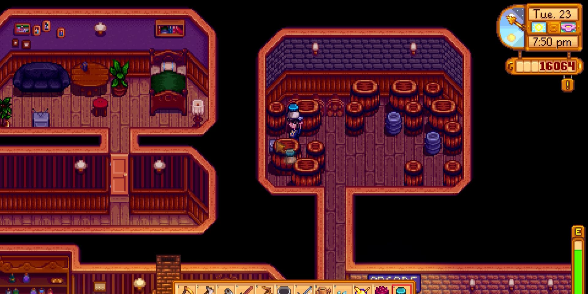 Image of a character placing some duck mayonnaise in a box in the Saloon in Stardew Valley