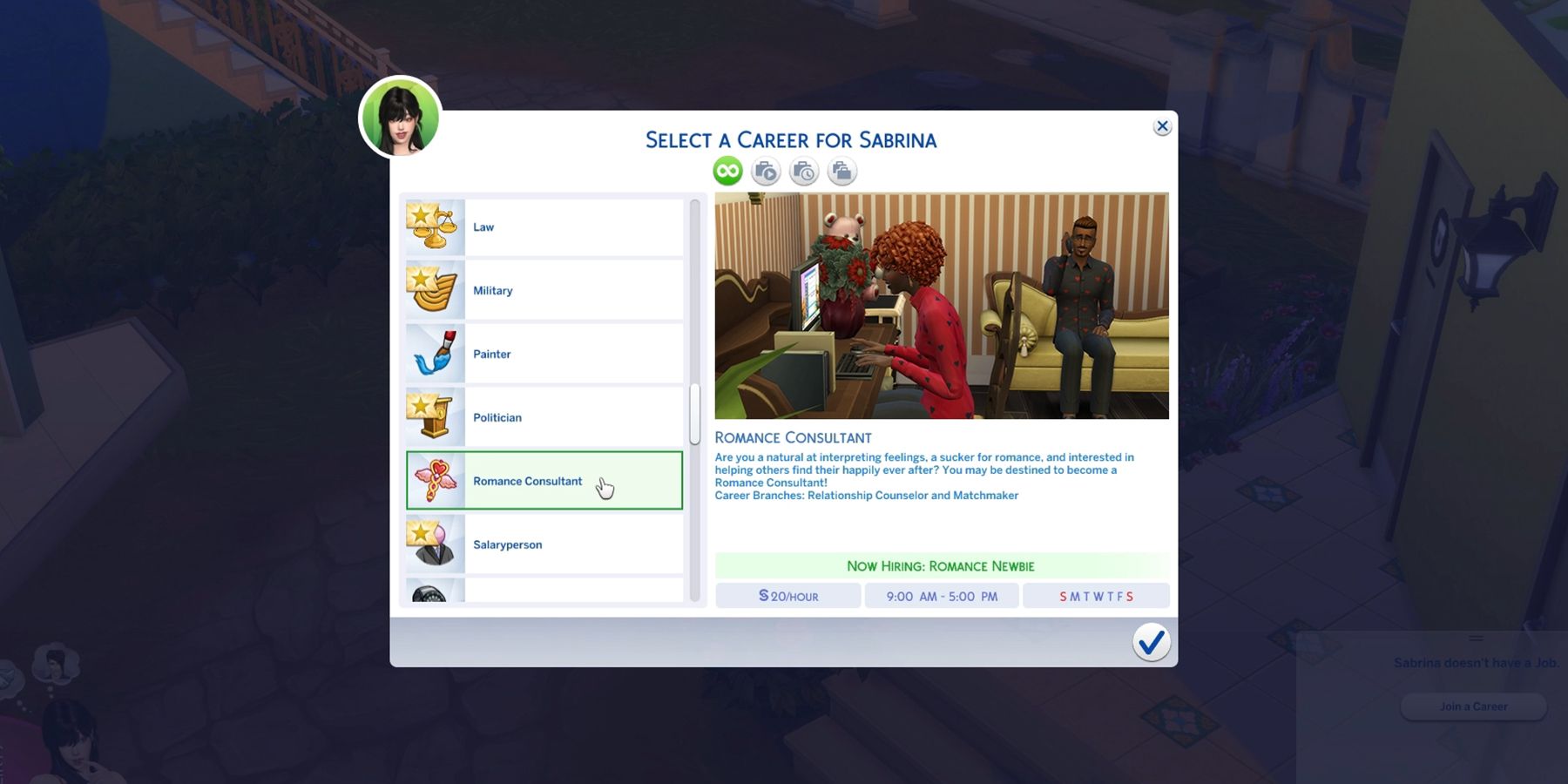 start the romance consultant career in the sims 4