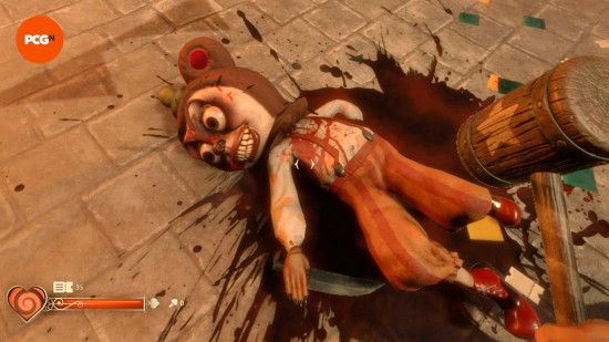 A Huggee Bear mascot lies on the floor surrounded by blood in horror game Twisted Tower, one of the best Steam Next Fest demos Feb 2025.