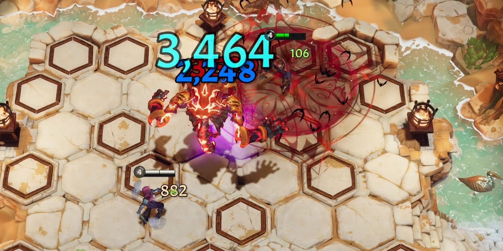 A giant creature flanked by a caped man in a wave of blood and hooded figure. Giant numbers are above the creature in The Last Flame.