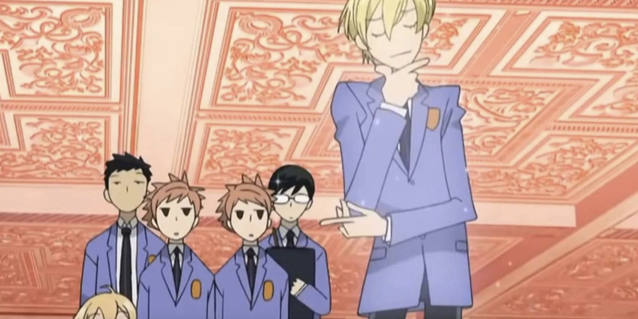 Tamaki looks smug in front of the rest of the cast of Ouran.