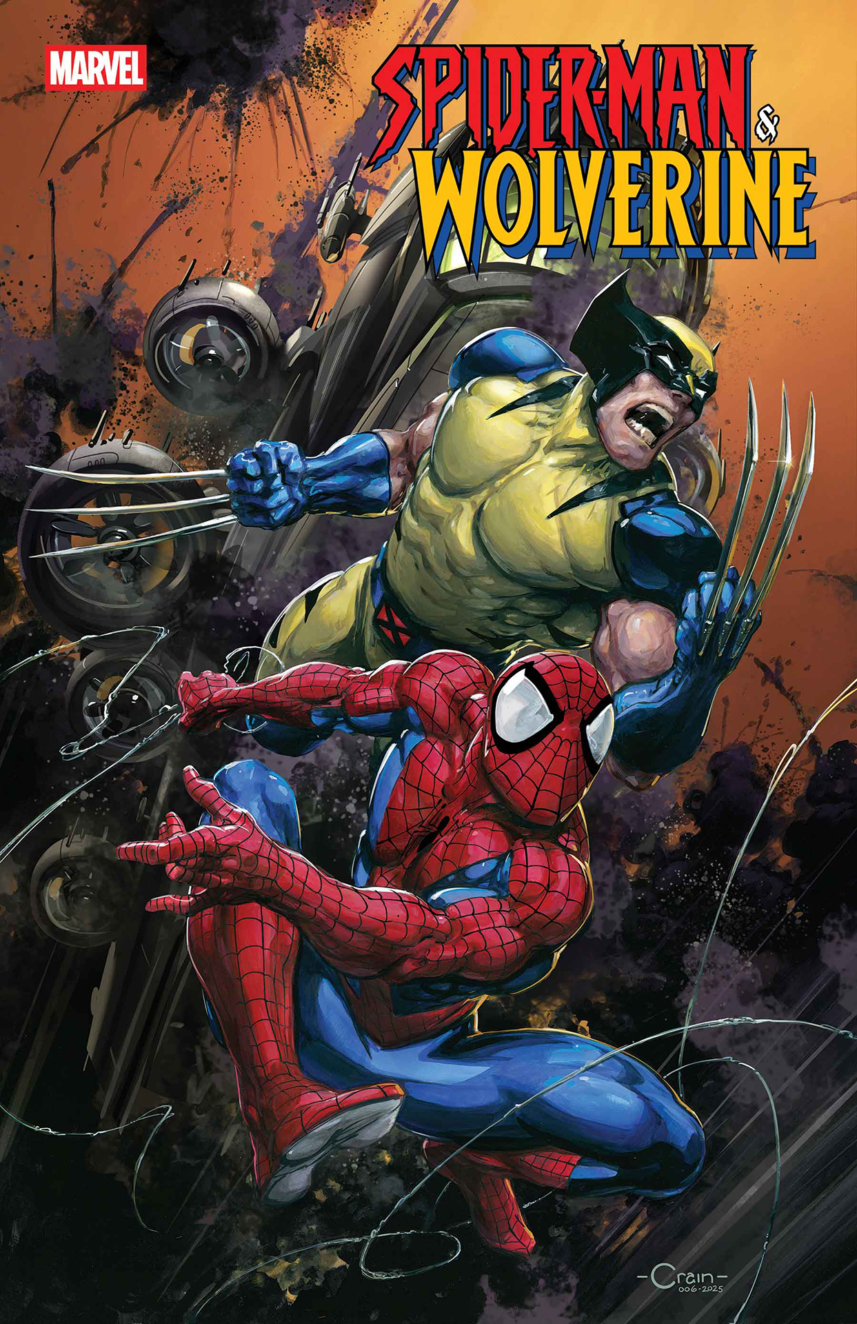 Spider-Man & Wolverine #1 cover by Clayton Crain featuring Spider-Man swinging into action with Wolverine charging in behind him.