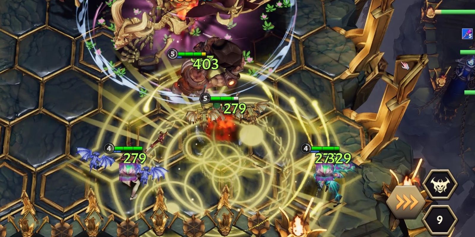 A dragon fighting some heroes. The dragon is in the middle of an aura of nature and the heroes are in the middle of an array of light in The Last Flame.