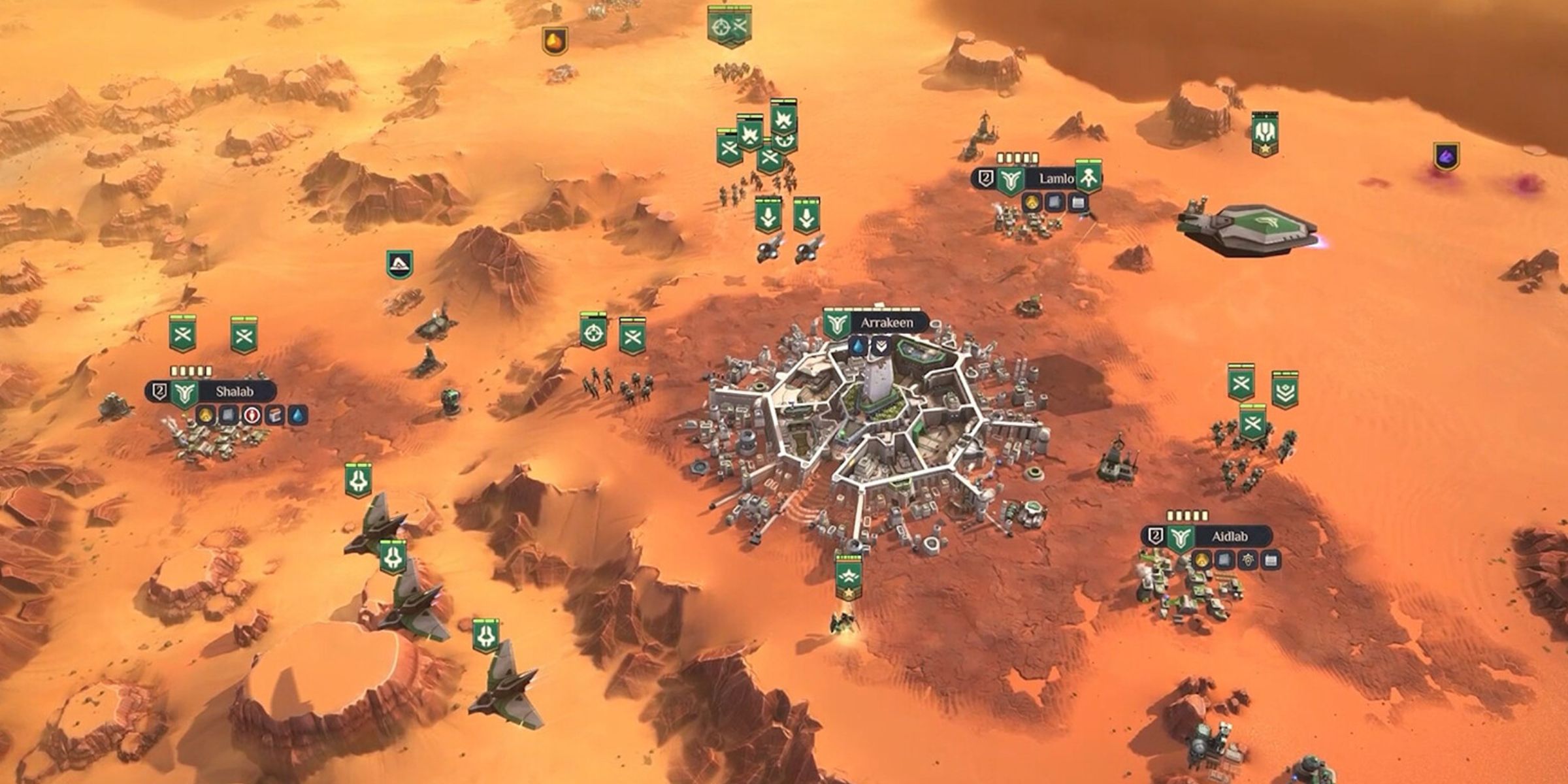 The City Of Arrakeen Surrounded By A Bunch Of Smaller Cities On Arrakis In Dune: Spice Wars.