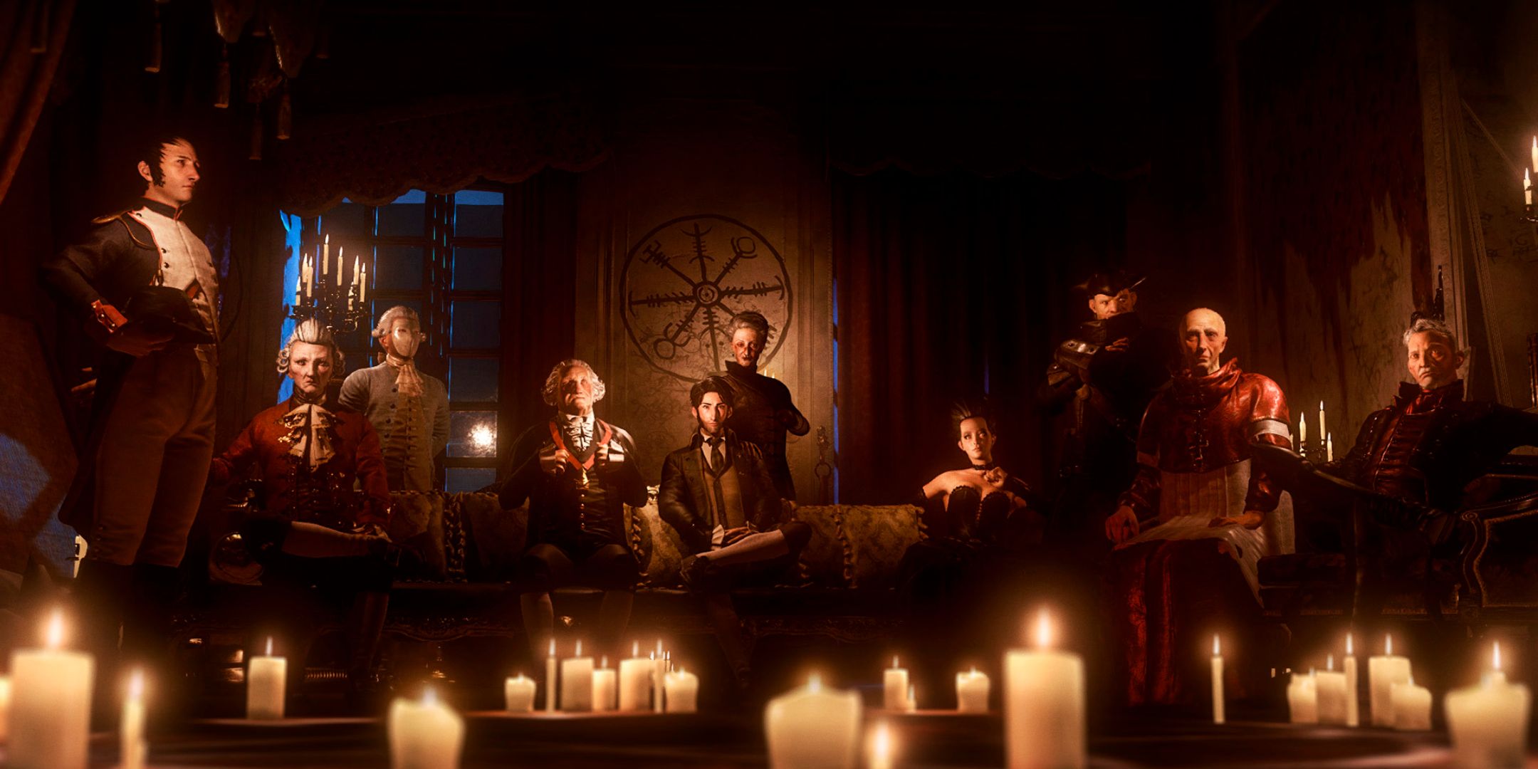 The Council screenshot of a bunch of characters, sitting above candles.