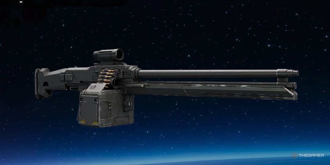 The high-recoil Heavy Machine Gun of Helldivers 2 against a space background.