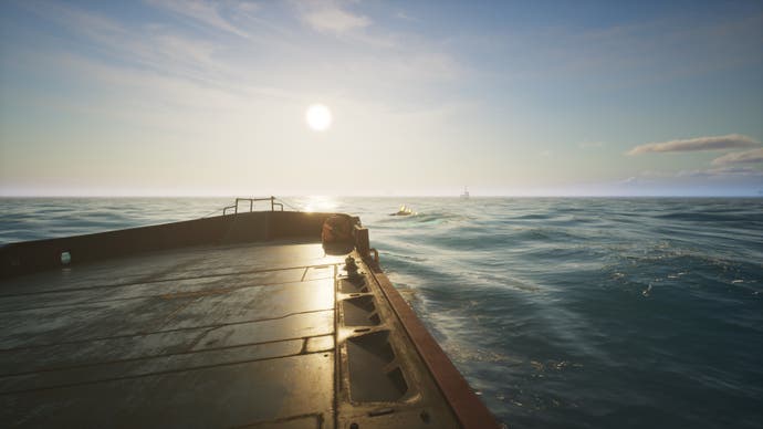 The prow of a boat out at sea with the sun shining directly in front. The air is clear and the mood is serene, except from a glimpse of what appears to be a cyborg shark in the water. Uh oh.