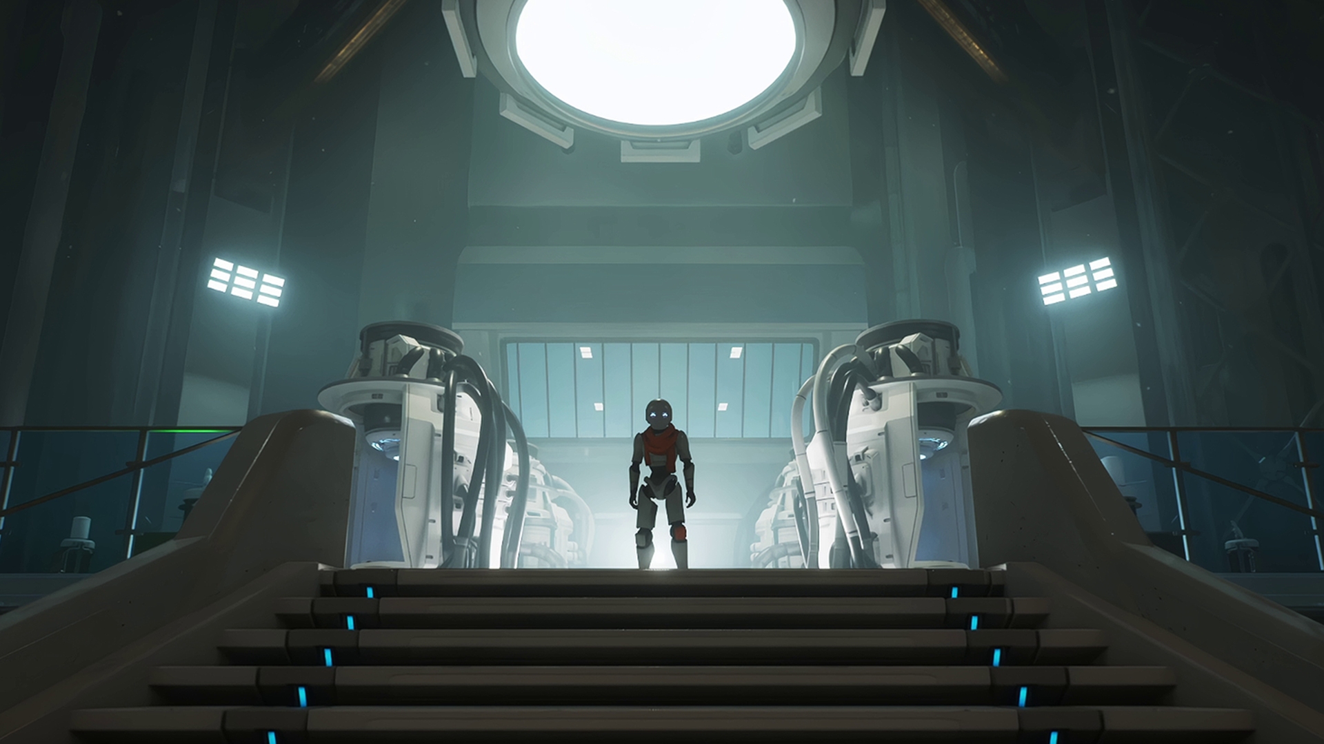 The Last Caretaker: A robot stands at the top of some stairs beneath a large white light