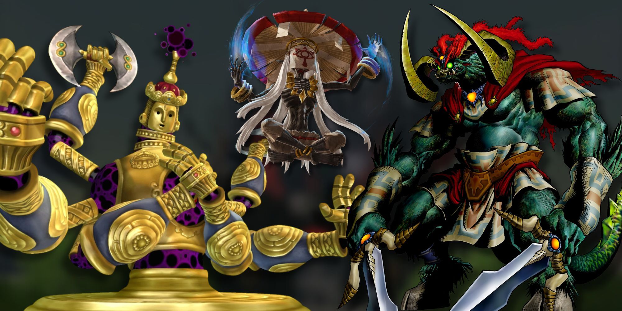 A collage of official renders of epic bosses from The Legend of Zelda series: Koloktos, Monk Maz Koshia and Beast Ganon.