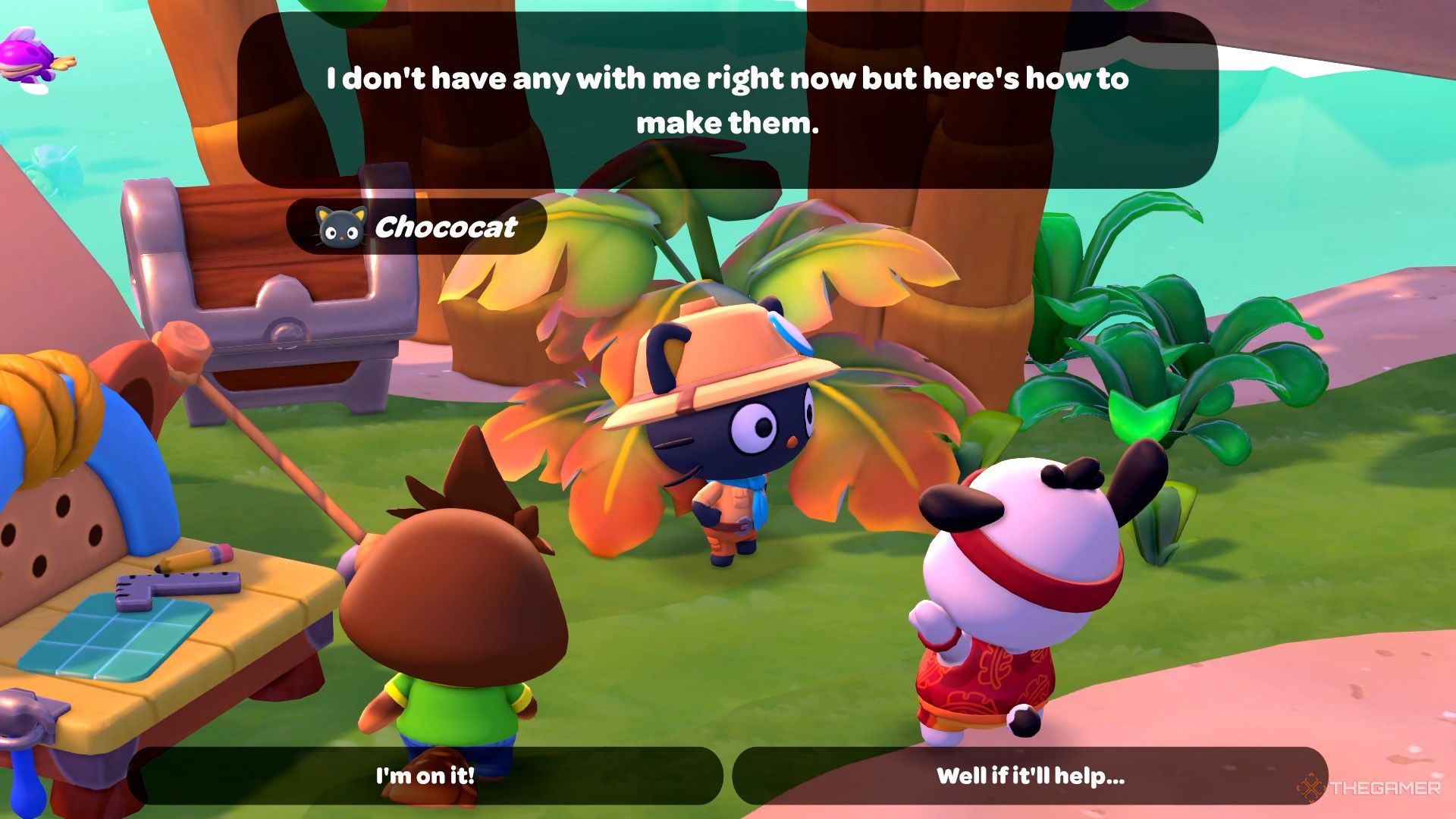 The player and Pochacco are speaking with Chococat in Hello Kitty Island Adventure