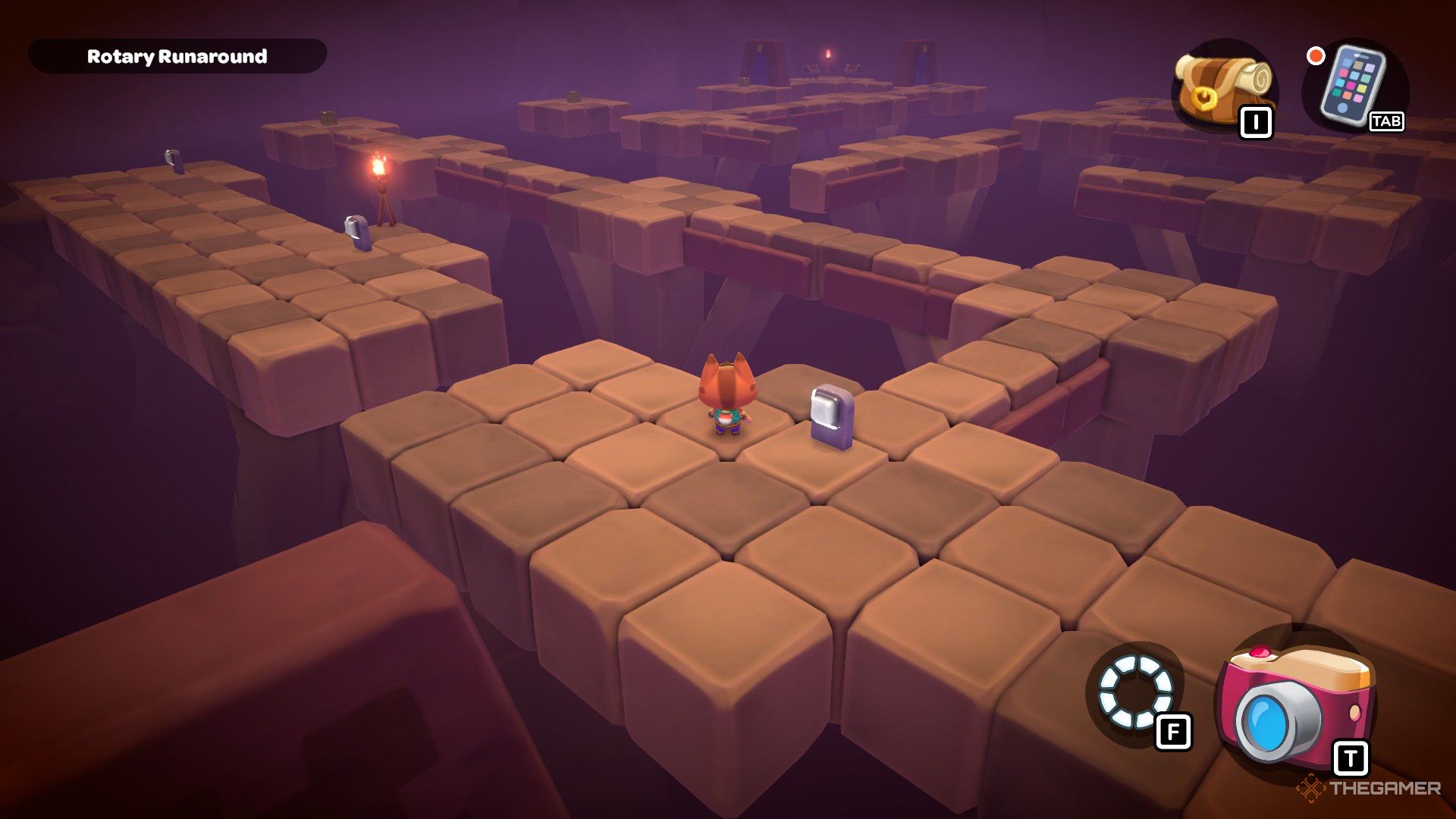 The player creates a path to first golden cube inside Rotary Runaround puzzle room in Hello Kitty Island Adventure