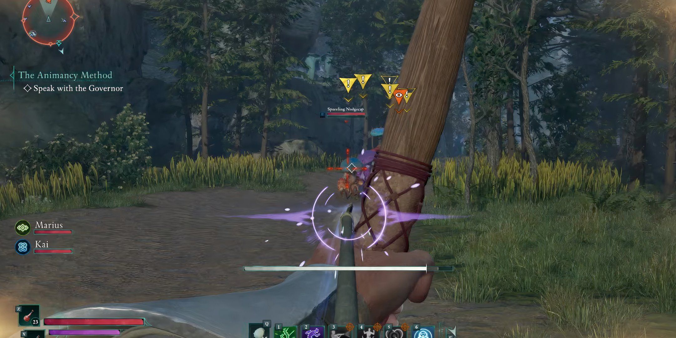 The player is aiming down the sights of their bow at enemies near some trees in Avowed.