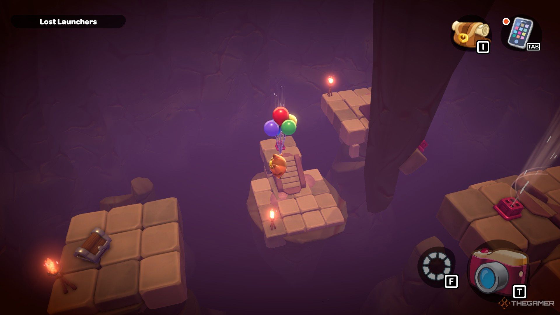 The player is flying towards to the chest inside the Lost Launchers puzzle room in Hello Kitty Island Adventure