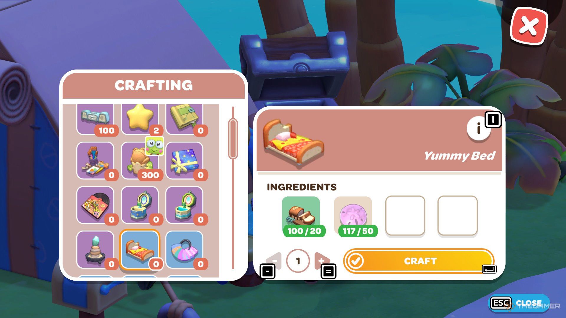 The player is planning to craft the Yummy Bed in Hello Kitty Island Adventure