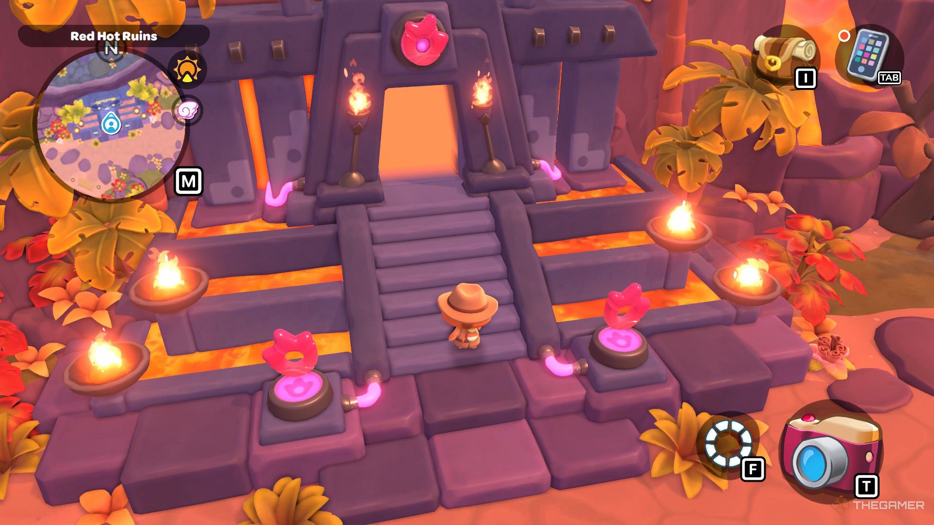 The player is standing in front of the Red Hot Ruins entrance in Hello Kitty Island Adventure