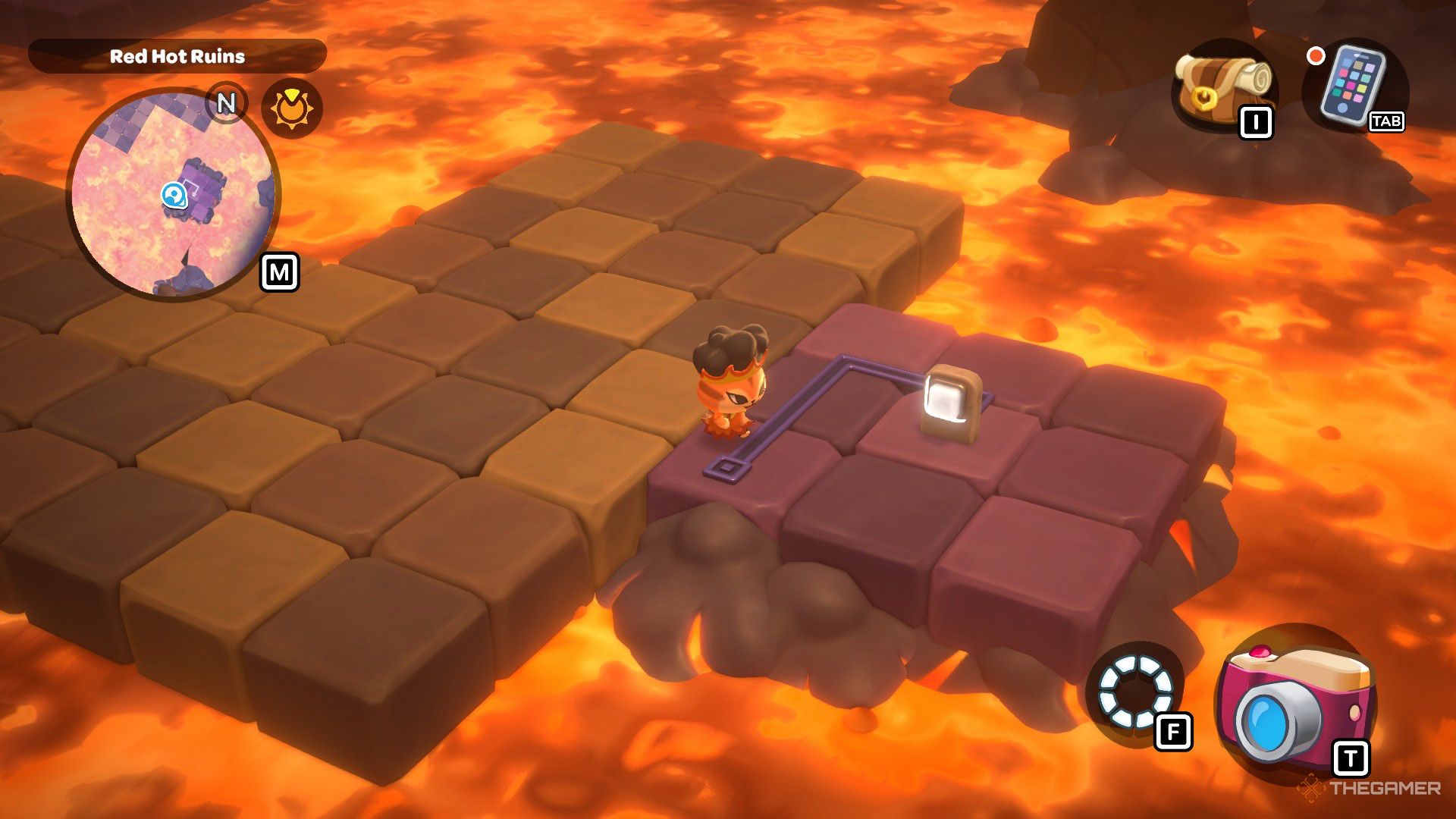 The player is standing next to white button in Red Hot Ruins in Hello Kitty Island Adventure