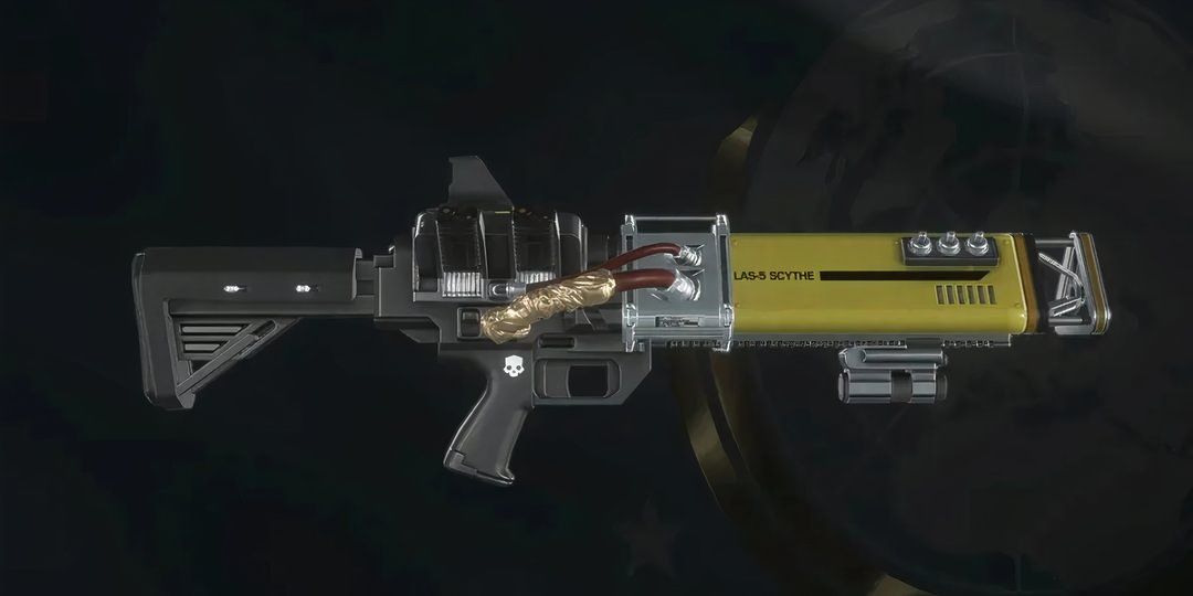 The Scythe energy weapon of Helldivers 2 against a black background.