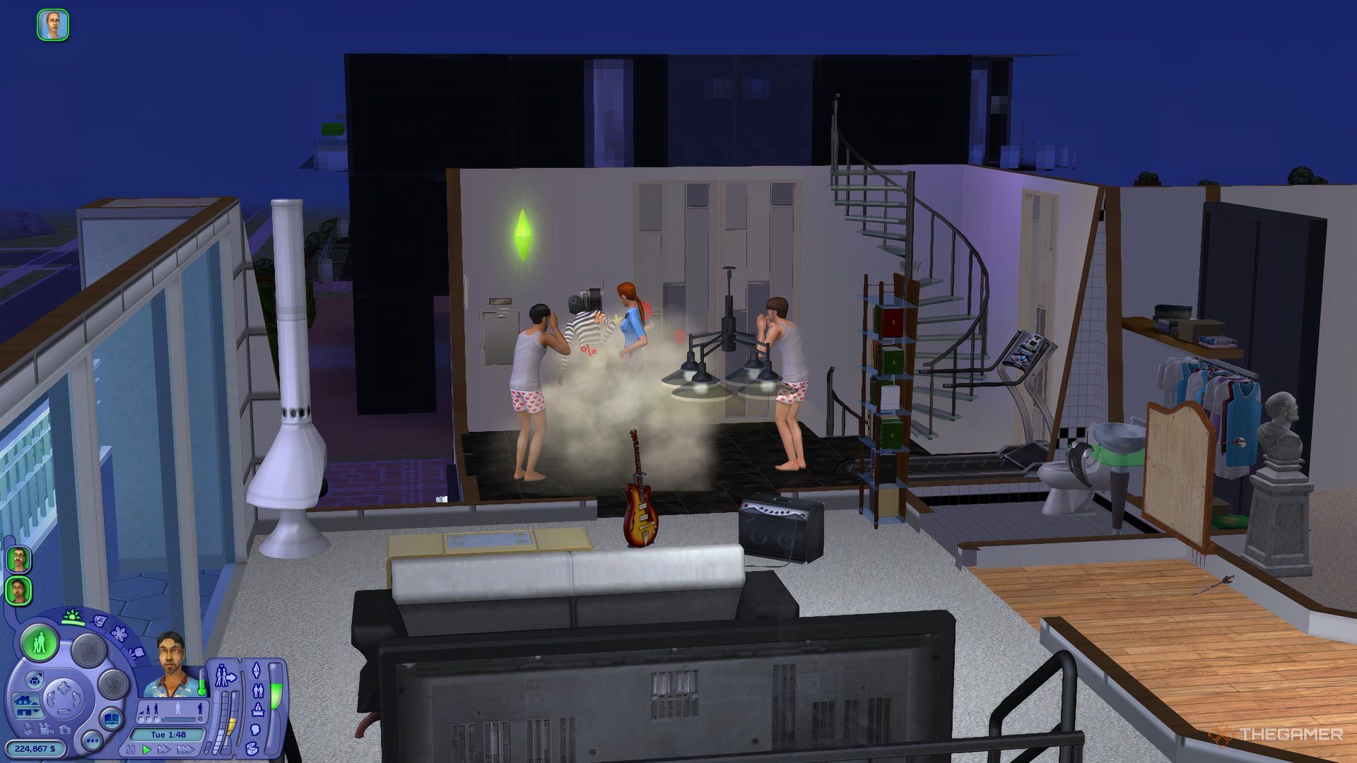 A couple being burgled in The Sims 2. The burglar and a cop are fighting in their house.