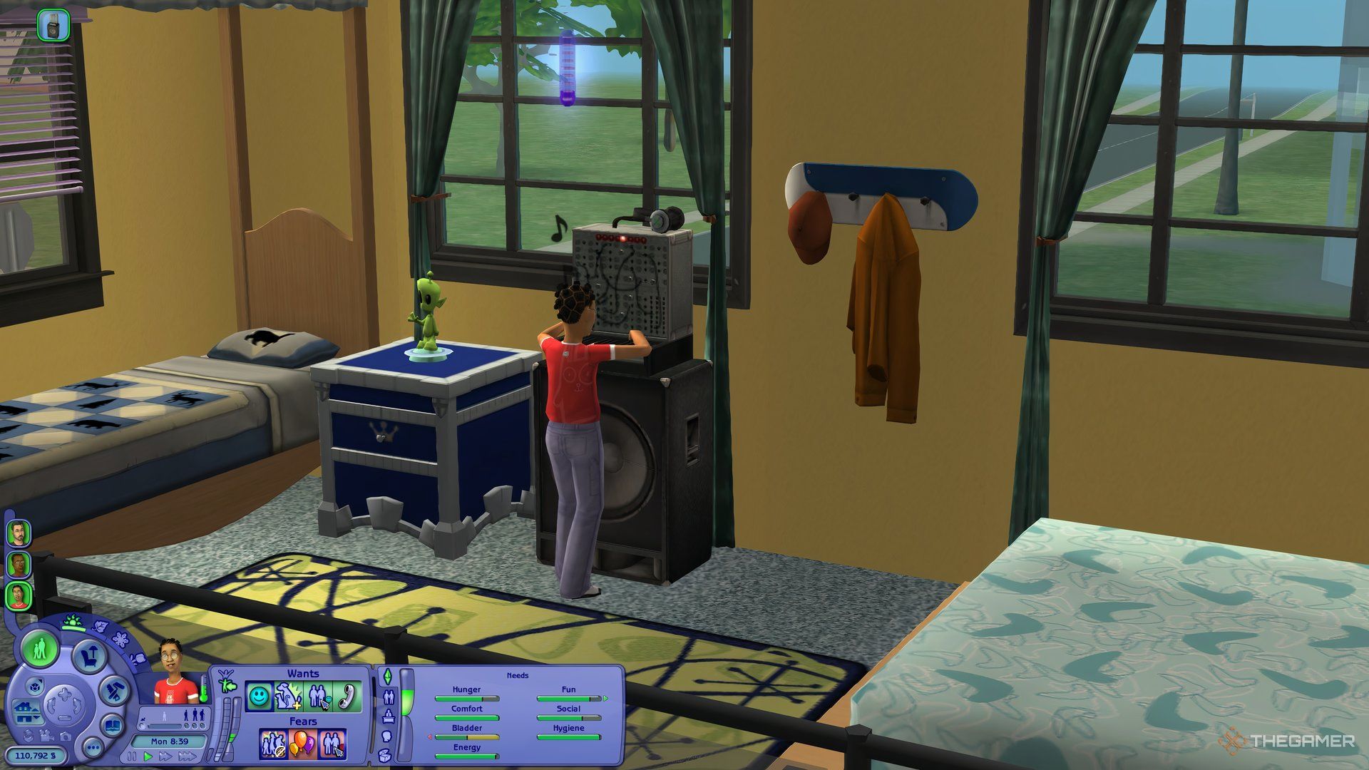 A child in The Sims 2 playing synthesiser in a bedroom and building the creativity skill.