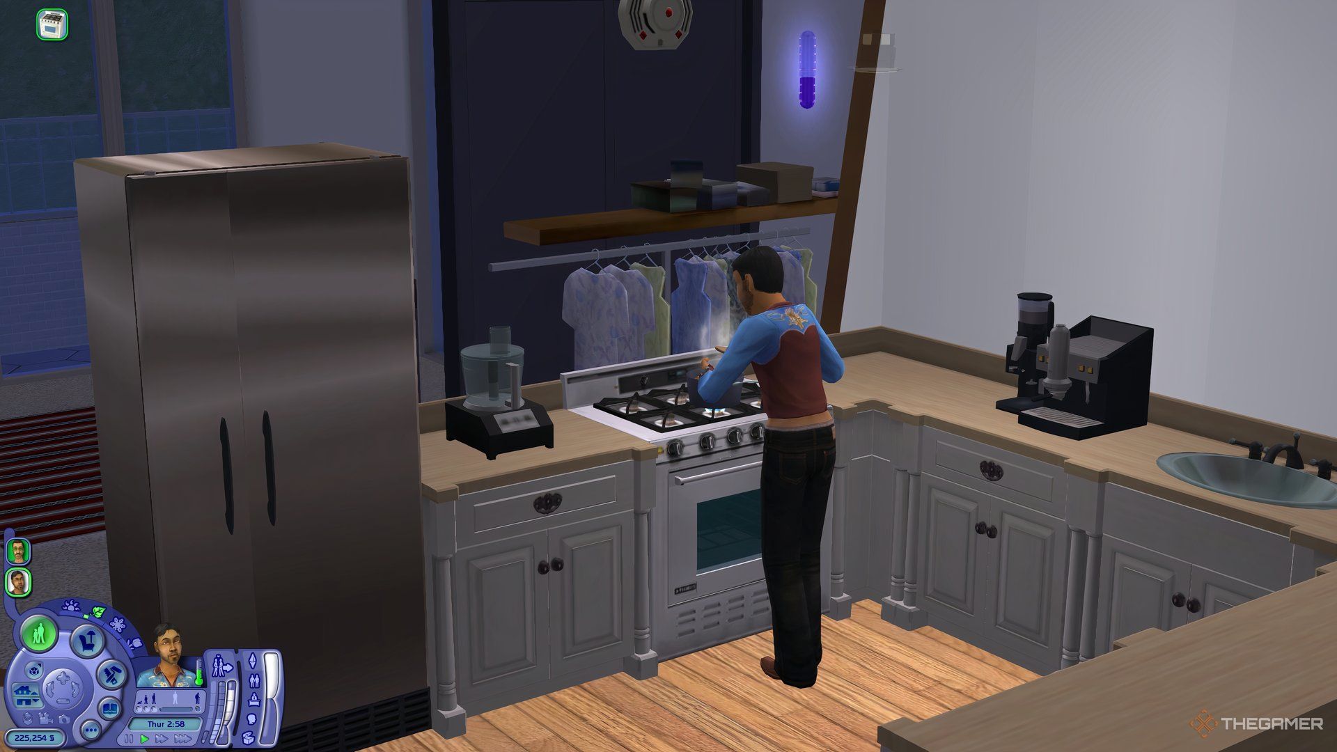 A Sim in The Sims 2 cooking a pot of spaghetti in the kitchen over a stove.