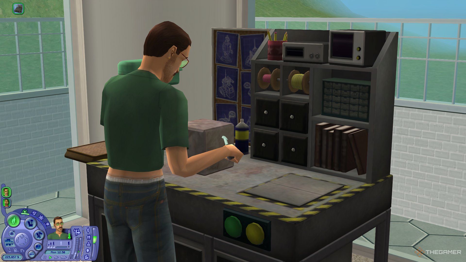 A Sim using the workbench to make a SentryBot in The Sims 2.