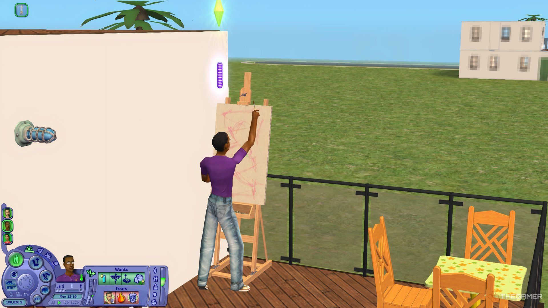 A Sim in The Sims 2 painting art on an easel in Pleasantview.