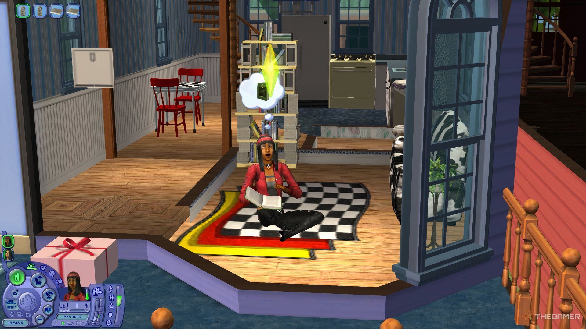 A Sim reading in The Sims 2, sat on the floor of a townhouse.