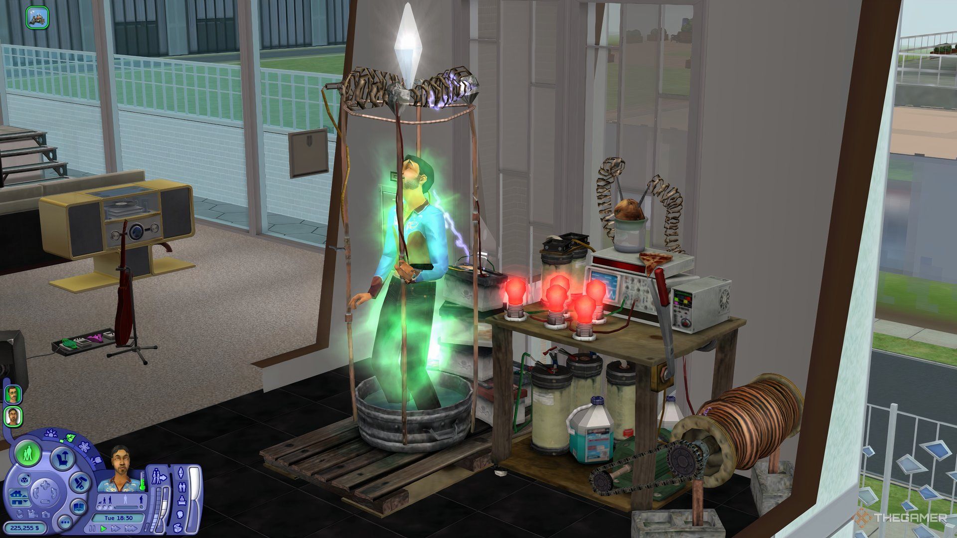 A Sim in The Sims 2 using the Eclectric and Enigmatic Energizer to fill his needs.