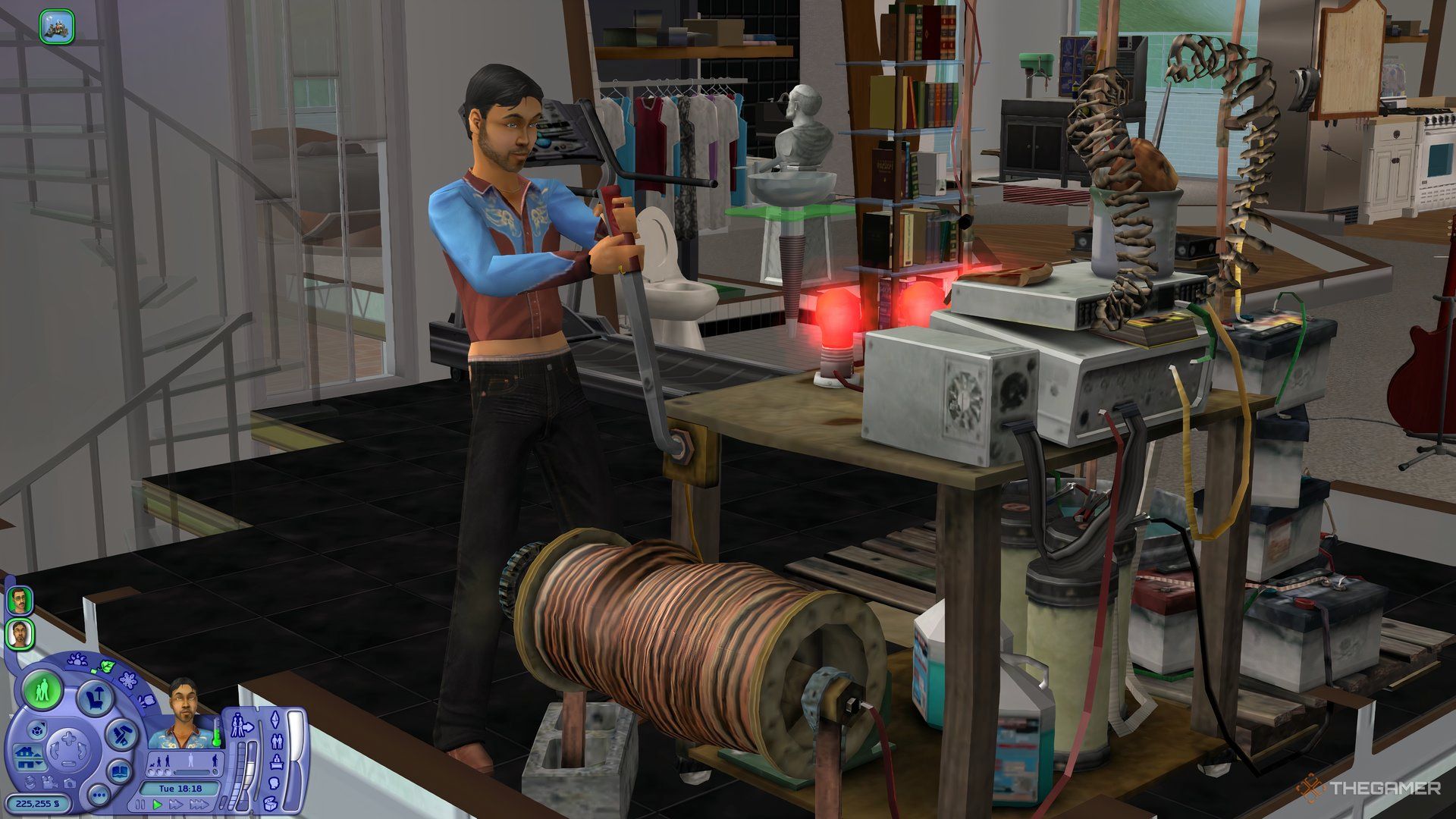 A Sim in The Sims 2 using the Eclectic and Enigmatic Energizer in an apartment.