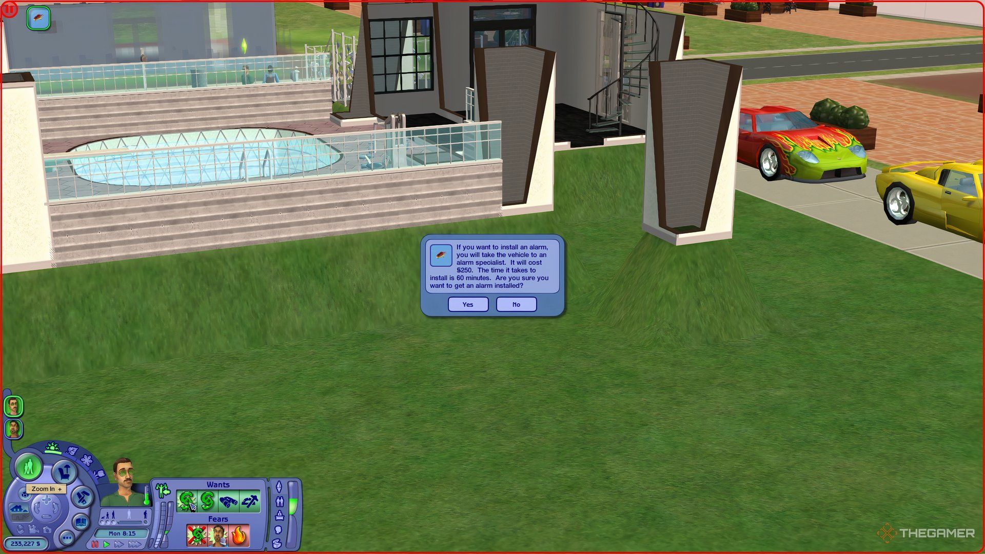 A pop-up in The Sims 2 explaining what it takes for an alarm to be installed to a helicopter.