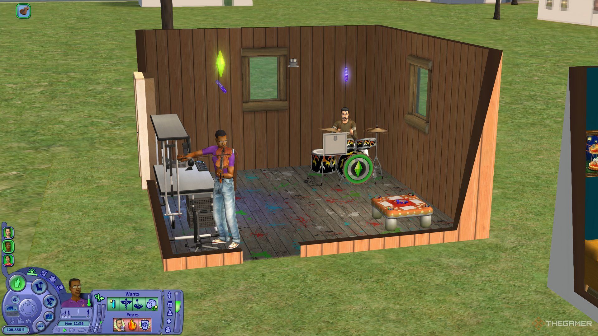 A couple in The Sims 2 building creativity together. One is playing violin and the other drums.