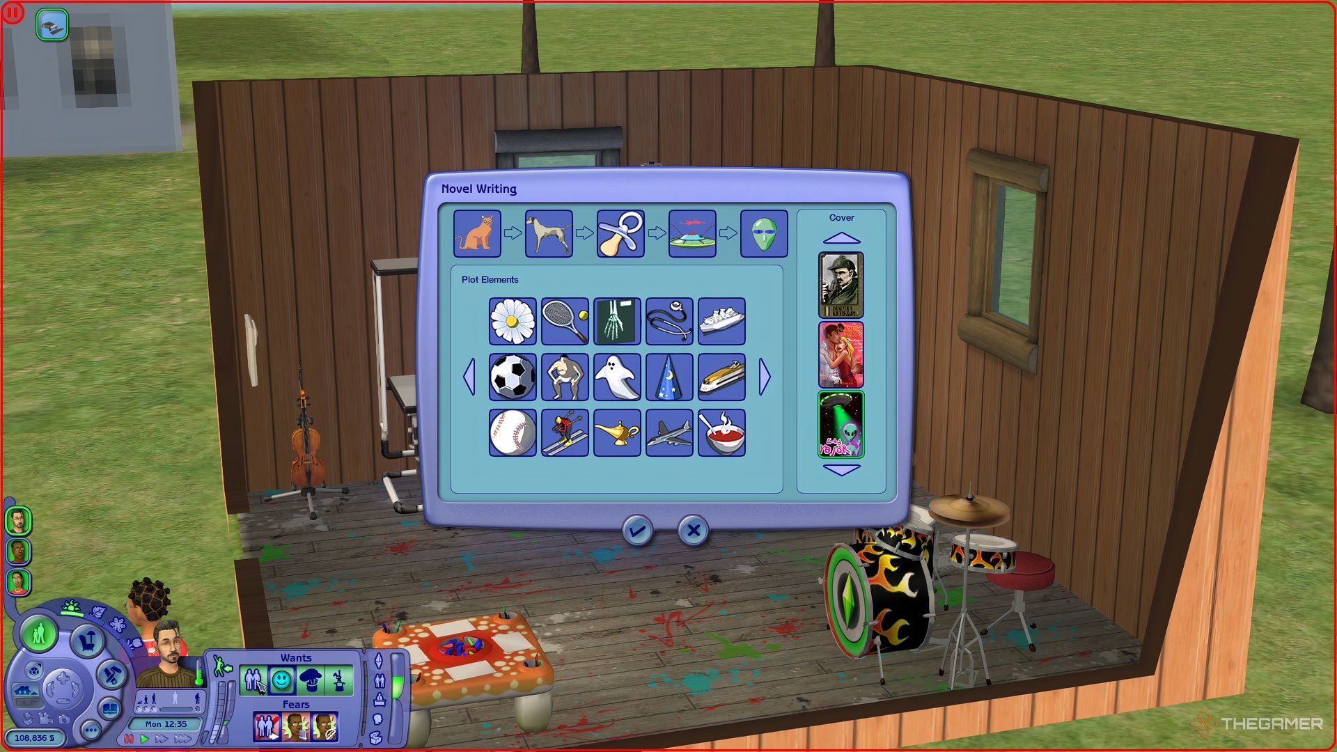 The menu for writing a novel in The Sims 2. It shows topics and book covers.